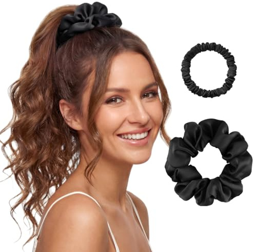 2er Set Seiden Haargummis aus 100% Maulbeerseide – 1 Großes & 1 Dünnes Scrunchie, Schonende Seiden-Haargummis für Damen, Rutschfest & Haarschonend