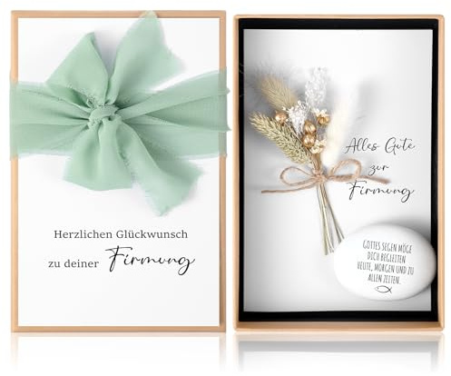 Hestya Firmung Geschenkset mit Geldgeschenke Verpackung, Geschenkbox Kraftpapier Faltkarte Trockenblumen Firmungskarte Glücksstein Gravur Geschenkband Geldgeschenk Erstkommunion Konfirmation Taufe