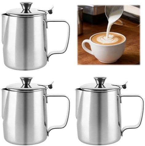 LDXDRU 3 Stück Milchkännchen Edelstahl Handheld 350ml Milchkanne mit Deckel Aufschäumbecher mit Anti Tropf Düsen und Griff Milchkanne für Cappuccino,Latte und Espresso