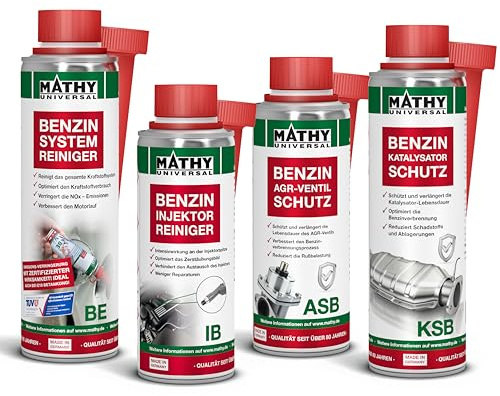 MATHY Benzin-Komplett-Kur, Hochwirksames Benzinadditiv All in One Set | 4 Kraftstoffadditive: Systemreiniger, Injektor Reiniger, AGR und Katalysator, Schutz für Motor, Kraftstoff- & Abgassystem