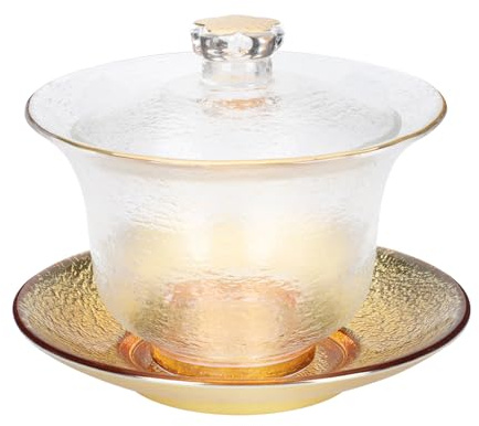 STOBAZA Taza de Té Tipo Sopera de Cristal Tapa Decorativa Dorada, Diseño Martillado, Resistente y Fácil de Manejar para Uso en Casa o Casa de Té