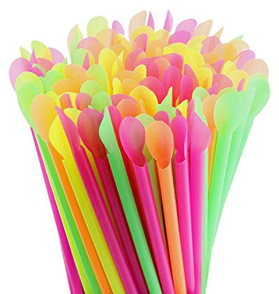 DEEBF 500 Pack Sno-Cone Spoon Straws, Mixed Neon Colors Disposable Plastic Straw, 8