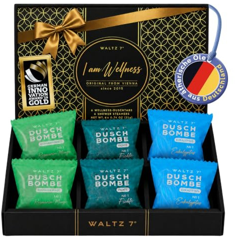 WALTZ 7 Duschbomben Energie Dusche, 6 Stück, 3 Düfte, Duschdampfer mit ätherischen Ölen, Geschenk für Männer, Papa, Freund, Vatertag, Geburtstag, Weihnachten, Home Spa Aromatherapie Dusche