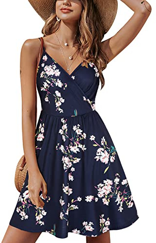 STYLEWORD Vestido sin Mangas con Cuello en V para Mujer, Vestido Floral de Verano con Tirantes Ajustables, Vestido Midi de Tubo, Vestido de Playa con Bolsillos