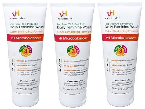 vH essentials Intimate Feminine Wash, pH Balanced with Tea Tree Oil, Cranberry, Prebiotics Odor Eliminating Formula, 6 FL OZ - 3 Pack