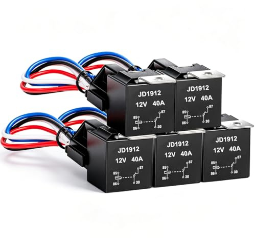 Gebildet JD1912 Bilreläsele 12V 40A 4-stifts SPST-seleuttag med 12AWG färgmärkta ledningar för fordonslastbil Van Motorcykelbåt (paket med 5)