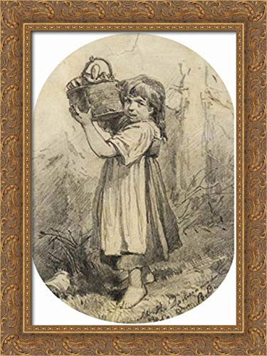 Girl With A Bast Basket 18x24 Gold Ornate Wood Framed Canvas Art by Viktor Vasnetsov