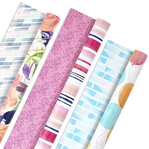 Hallmark Wendbares Geschenkpapier-Set für alle Anlässe – Aquarellblumen, Streifen, Luftballons (3er-Pack: 75 m². ttl.) für Geburtstage, Hochzeiten, Babypartys, Brautpartys, Valentinstag und mehr
