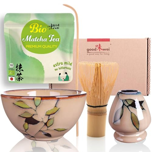Goodwei Juego de Matcha - 30g Té Matcha Biológico Japonés, Cuenco Ceremonial, Batidor y Soporte