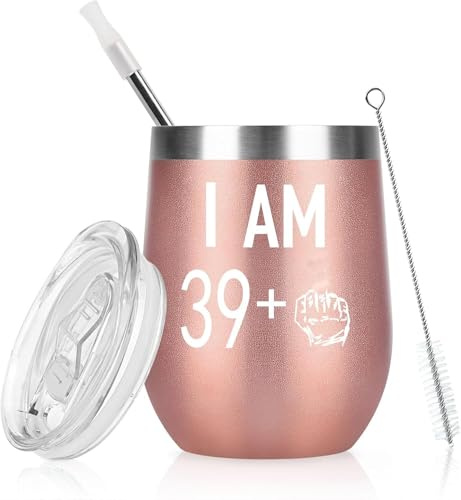 Livole 40 Geburtstag Frauen, 40 Geburtstagsgeschenke für Frauen, Geschenk 40 Geburtstag Frau, 12oz Doppekwandiger Edelstahl Weinbecher mit Deckel und Strohhalmpinsel, Vakuumisolierte Weinglas für Wein