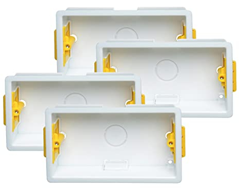4X Pack Double 2-Gang 35mm Dry-Lining Back Box Electrical Wall Knockout Recessed Flush Mount Deep Pattress Dry Lining Partition Walls Switches Sockets Fused Spur Euro Module Faceplates - Yellow