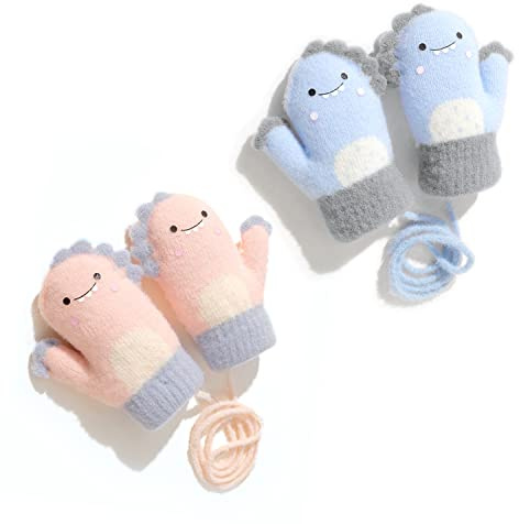 2 pares de manoplas cálidas para bebés, guantes tejidos de invierno, lindos guantes de dinosaurio, guantes con cuello colgante, adecuados para bebés y niños pequeños de 1 a 3 años. (Azul, rosa)