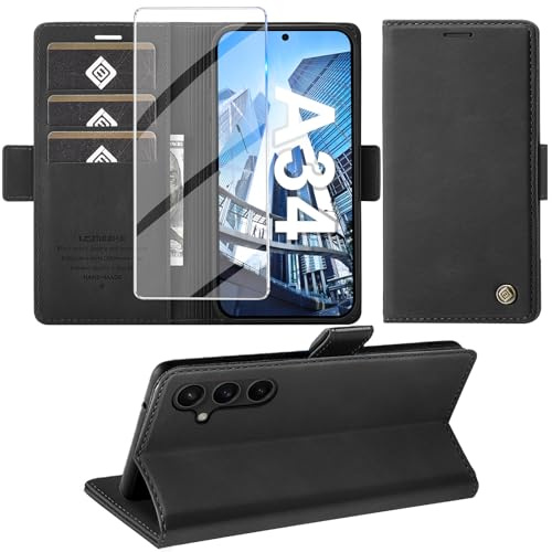 Giyer Handyhülle für Samsung Galaxy A34 5G Hülle mit Schutzfolie, Standfunktion Kartenfach Wallet Premium Leder Schutzhülle Samsung A34 5G Flip Case Cover Klapphülle Galaxy A34 6.6 Zoll (Schwarz)