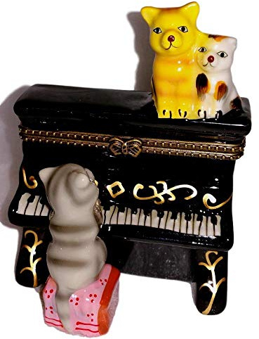 Tabby Cats & Calico Cat Kitten at Piano Cats in Melody Porcelain Hinged Trinket Box