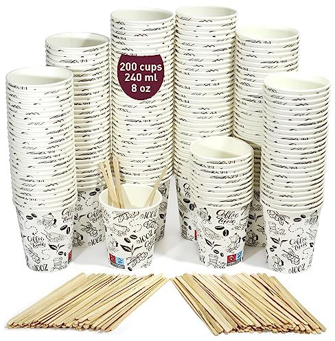 200 Vasos Desechables Café de Papel Cartón Blancos, 240 ml / 8oz - Vasos Resistentes y Elegantes para Bebidas Calientes o Frías, Perfectos para Oficina y Hogar. Incluyen Paletinas de Madera