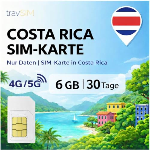 travSIM Costa Rica SIM-kort | 10 GB mobildata med 4G/5G-hastigheter | Gratis roaming i El Salvador, Guatemala, Nicaragua och Panama | Planen på Costa Rica SIM-kort är giltig i 30 dagar