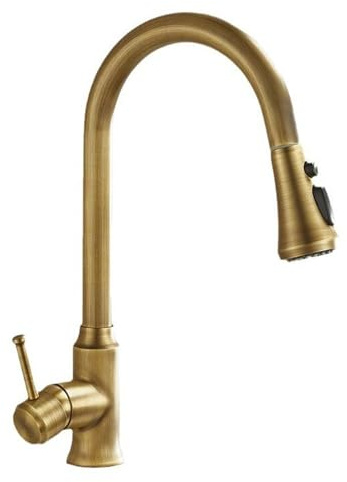 Antique Brass Kitchen Tap with Pull Out Spray, Swivel 3 Modes Single Handle Retro Kitchen Mixer