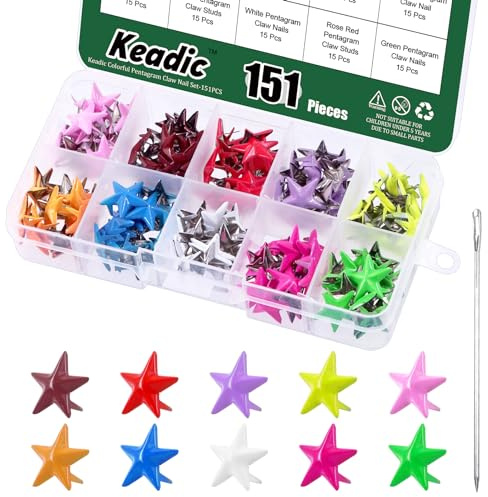 Keadic 151-teiliges buntes Metall-Stern-Nietensortiment, 5 Krallen, Nieten, Punkte, Lederhandwerk, Nagelkopf für Kleidung, Taschen, Schuhe, Geldbörse, Kragen, Gürtel, DIY