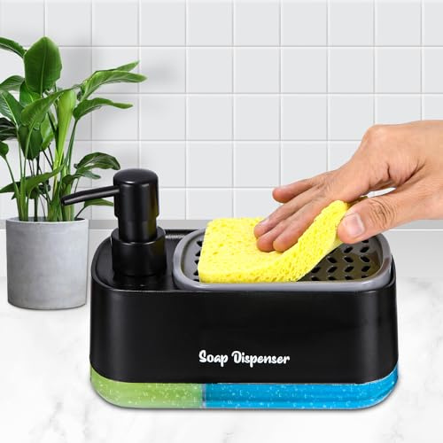 Spülmittelspender Küche Set,Seifenspender Schwarz mit Tablett und Schwammhalter,Waschmittel Wiederbefüllbar,Geeignet für Küchenspüle