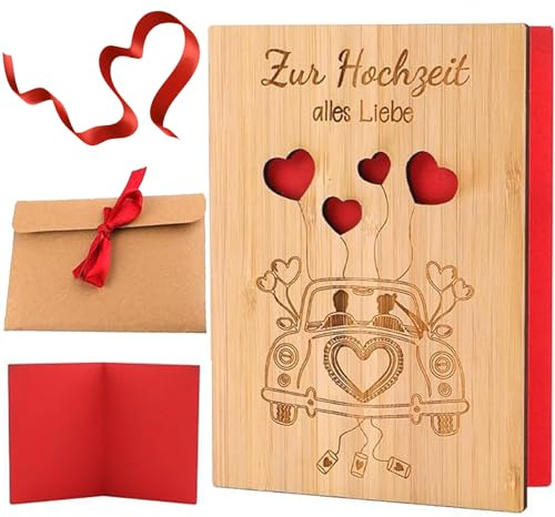 Tarjeta de Boda de Madera, 15*11cm, Juego de Tarjetas con Sobre, Tarjetas de Felicitación de Amor Hechas a Mano, Utilizado para Aniversario de Boda, Día de San Valentín, Cumpleaños, Cola, Boda