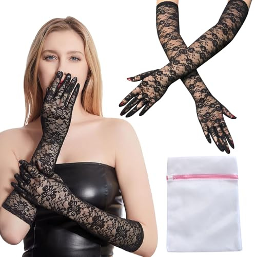 WUSANNA 2 Paar Spitzenhandschuhe Schwarz Netzhandschuhe Lange Brauthandschuhe Hochzeit Vintage 1920er Jahre Tee Party Handschuhe Damen Schwarz 40-54cm