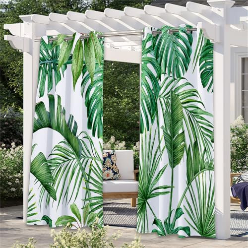 Hiseng wasserdichte Vorhänge Outdoor, 3D Grün Blatt Muster Outdoorvorhänge Wetterfest 2 Stück Verdunkelungsvorhang Blickdicht Sichtschutz Sonnenschutz Vorhang (137x203cm,Grün Blatt)