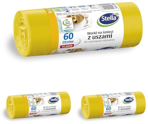 Stella 035144 Müllbeutel mit Henkeln für Metall Plastik/und Kunststofftrennung | 60 L | 14 Stück | Müllsack Mülltüte Abfallsäcke für Den Hausmüll Büro aus dicker LDPE-Regranulatfolie Farbe: Gelb