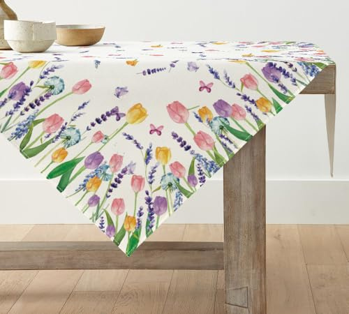 Artoid Mode Tulpe Blumen Frühling Tischdecke, Sommer Tischwäsche Küche Tisch Dekoration Drinnen Urlaub Party Dekor 100x100 cm