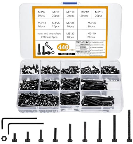 440 Stück M3 Schraubensatz, Schwarz Sechskantschrauben mit Muttern und Unterlegscheiben, Schrauben Muttern und Unterlegscheiben Sortiment, Sechskantschrauben-Satz mit 2 Stück Schraubenschlüsseln.