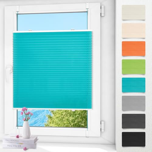 Plissee ohne Bohren klemmfix Türkis 90x120cm Plisseerollo mit Klemmträger Blickdicht easyfix Jalousie Rollo für Fenster und Tür