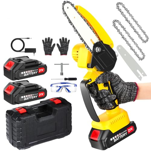 6 Pulgadas Mini Motosierra Bateria, 2000mAh Motosierra Eléctrica con 2 x 2000mAh Baterias,2 Cadenas,600W Motor Sin Escobillas Motosierra, Motosierra Inalámbrica para Ramas Podar Árboles de Jardinería