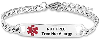FGT Nut Free Medical Alert ID Bracelet for Women Men Adults Emergency Medical Jewelry Red Cross Engraved Stainless Steel Adjustable Chain
