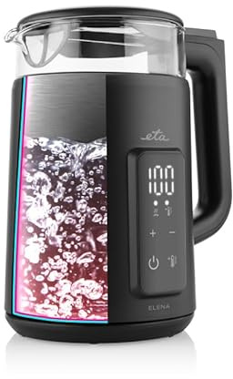 ETA Glas-Wasserkocher Elena I 2200W I 1,7L I Temperaturregelung I Digitale Temperaturanzeige I 360° Ständer I Verdecktes Heizelement I Schwarz I Doppelwandig