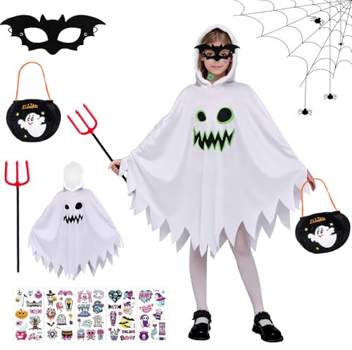 TISMHGKU Déguisement Fantôme Enfant Halloween Lumineux, Costume Fantôme Blanc avec Capuche, Sac Citrouille, Lunettes et Fourche du Diable, Cosplay Garçon Fille pour Halloween, Truc ou Trait (XL)