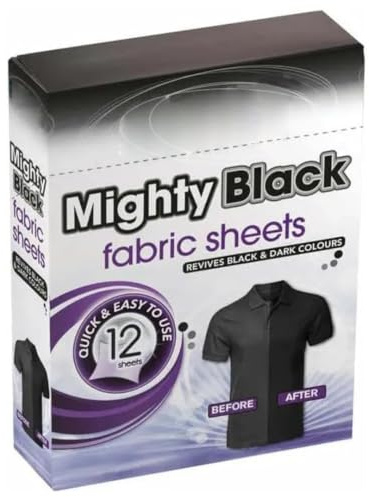 Mighty Black Fabric Revive Sheets 12 Pack Restores Faded Clothes, Prevents Greying, Laundry Colour Booster, Easy-to-Use Washing Sheets for Black Garments, Works in All Machines & Water Temperatures