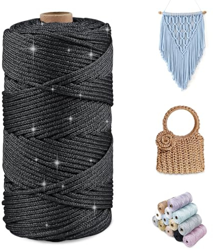 CAMAL Glitzern Makramee Garn 3mm x 100m Metallisch Garn für Taschen Häkeln & Stricken, Polyester Rope Luxus Häkelgarn für Taschen, Puppen, Decken, DIY-Dekoration (Schwarz)