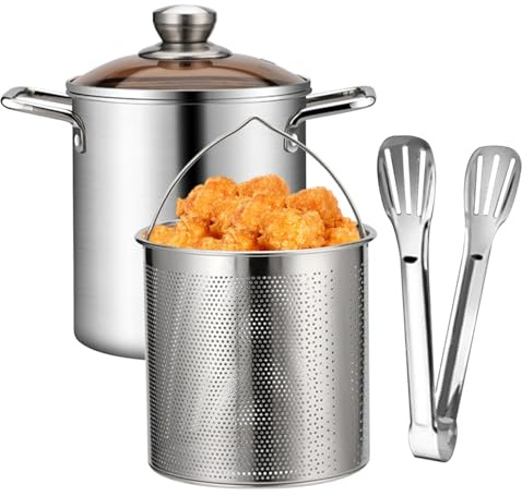 Mini Pentola Per Friggitrice, Pentola Per Friggitrice Da 3, 2 Qt, Frittura Con Cestello, Coperchio E Pinze In Acciaio Inossidabile Per Pasta, Spaghetti, Uova Sode, Gamberetti, Patatine Fritte
