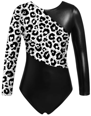 KHASCBNF Gymnastik trikåer för flickor flickor glänsande gymnastisk trikåer balett bodysuit nät långärmad nyckelhål rygg metallisk kontrast figur skridskoåkning overall (svart, 6)
