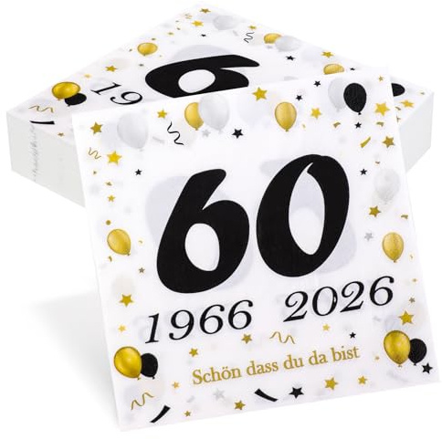 50 Stück Servietten 60. Geburtstag, Seutgjie 60 Geburtstag Deko 1966-2026 Diamantene Hochzeit Jubiläum Tischdeko Schwarz Gold Tisch-Deko Party Gedeckter Tisch