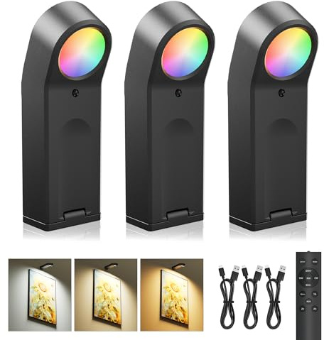 AIFEI Picture Lights for Wall: Compact Rechargeable 4000mAh Art Light | 65H Battery Operated Poster Lights, Remote 4 Timer, Dimmable 3 Color Temps & 8 RGB for Paintings Gallery Frames Black, 3 Pack