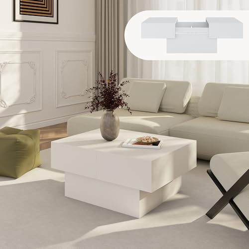 [en.casa] Mesa de Centro Lens Mesa Baja Rectangular con Tablero Extensible y 2 Compartimentos Internos Mueble Auxiliar Mesita para Salón MDF 80 x 60 x 36 cm - Blanco