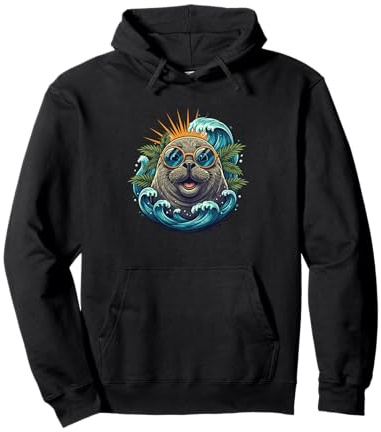 Cool Sunglasses Seal Wave Sunrise Tropical Beach Ocean Pullover Hoodie