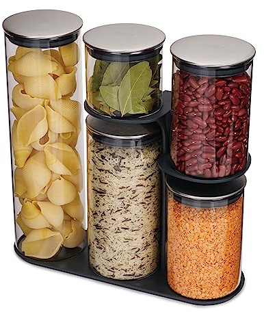 Joseph Joseph Podium - Lot de 5 Bocal en verre avec Couvercle, Pots et Bocaux de Conservation Hermétique, Avec Support, Noir/Acier Inox