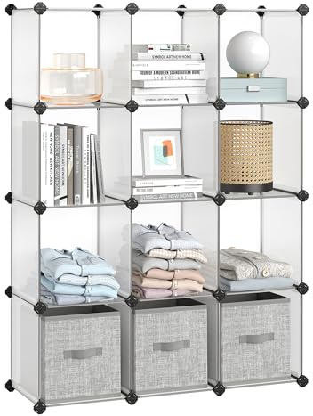 SONGMICS Meuble de Rangement, 12 Compartiments, Bibliothèque, Étagère, Cubes en Plastique à Emboîtement, Facile à Assembler, pour Salon, Chambre, Placard, Bureau, Maillet en Caoutchouc, Blanc LPC34L