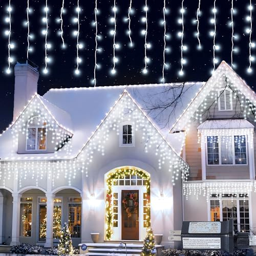 Qunlight LED Icicle Lights, 300 LEDs, 33ft, 8 Modes, Curtain Fairy Light with 60 Drops, Clear Wire LED String for Christmas/Thanksgiving/Easter/Halloween/Party Backdrops Decorations (Cool White)
