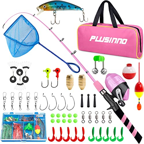 PLUSINNO Angelset für Kinder, Teleskopische Angelrute mit Angelrolle und Angelköder, Angelzubehör und Tragetasche für Salzwasser Süßwasser für Jungen, Mädchen, Jugendliche Rosa