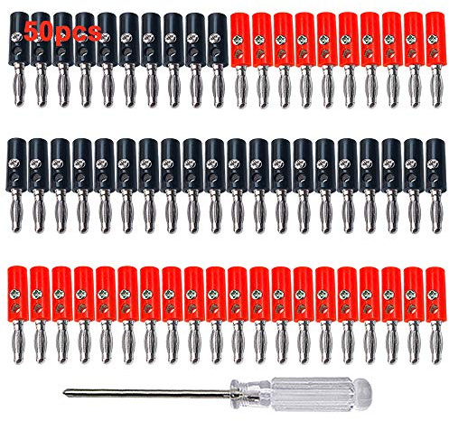 Aiqeer 50 Stück 4 mm Bananenstecker, Vernickelt Banane Lautsprecher Stecker, Lötfreier Bananensteckeradapter, für Lautsprecher, Audio/Video-Empfänger (Rot, schwarz)