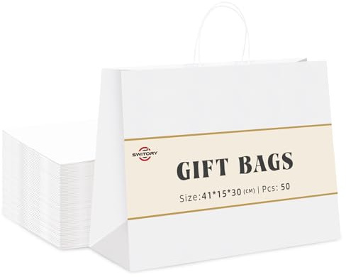 Switory 50 Stück Geschenktüten,Weiße Papiertüten Groß, 41 x 15 x 30 cm