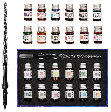 Juego de Bolígrafos de Cristal para Caligrafía - 12 Colores de Tinta para Arte, Escritura, Firma y Decoración - Regalo (Negro)