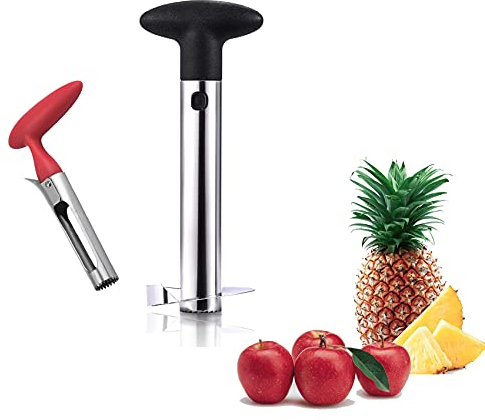 NewWe - Affettatrice per ananas e affettatrice per mele, in acciaio inox, strumento per affettare ananas, colore: Rosso/Nero